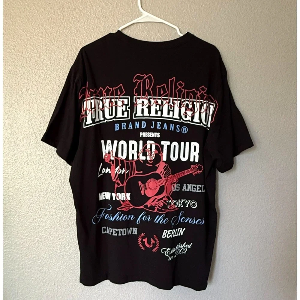 Mens True Religion Jet Black Relaxed Multi-Print Tee XL  World Tour Logo Size XL